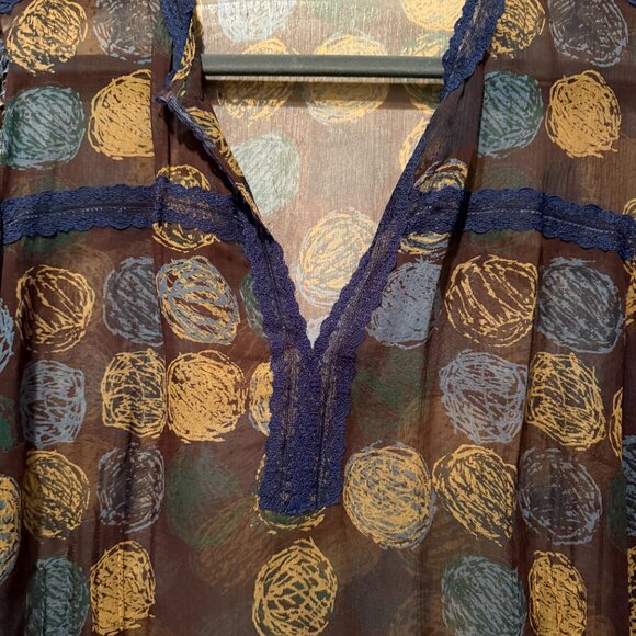 BCBGMaxAzria | Silk + Lace Sheer Patterned Blouse | Brown/Navy | Size: L - Picture 10 of 10